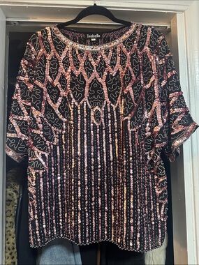 Vintage Sequined Black Top with Pink Accents